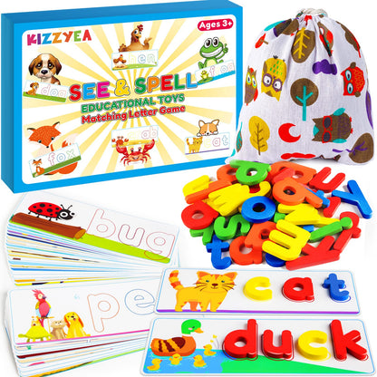 KIZZYEA Learning Letter Flash Cards & Wooden Blocks – Alphabet & CVC Word Builders for 2-6 Year Olds