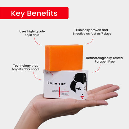 KOJIE SAN Original Kojic Acid Soap – 3 Bars (65g each) with Exfoliating Net for Brighter, More Even Skin