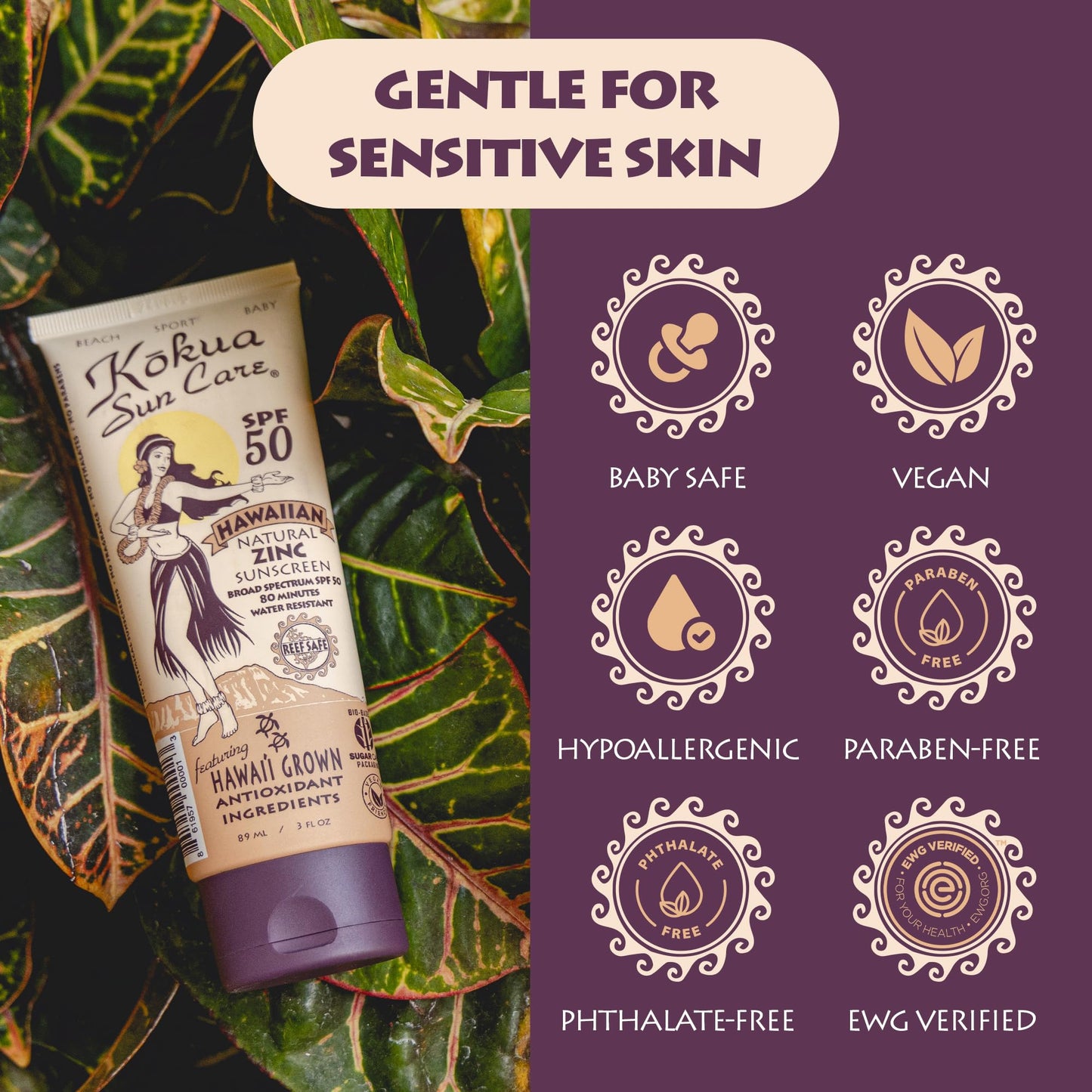 Kokua Sun Care Hawaiian Sunscreen SPF 50 | Mineral, Reef Safe, 3 oz