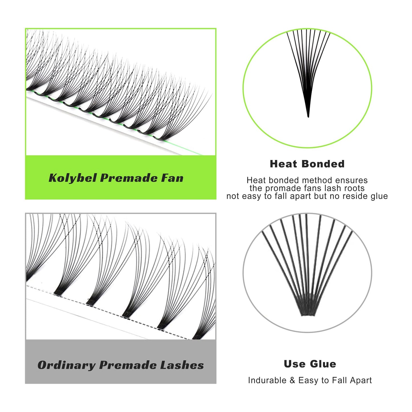 Kolybel 1000 Premade Lash Fans | 10D Narrow, 8-15mm, 0.07D Curl, Handmade Volume Extensions