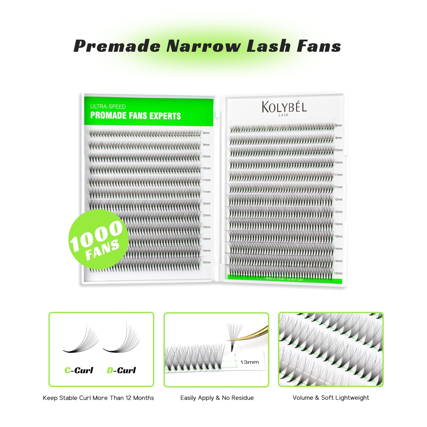 Kolybel Premade Lash Fans 16D Narrow Base, 0.05C, 8-15mm | Mixed Length Volume Fans