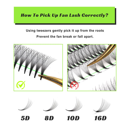 Kolybel Premade Lash Fans 16D Narrow Base, 0.05C, 8-15mm | Mixed Length Volume Fans