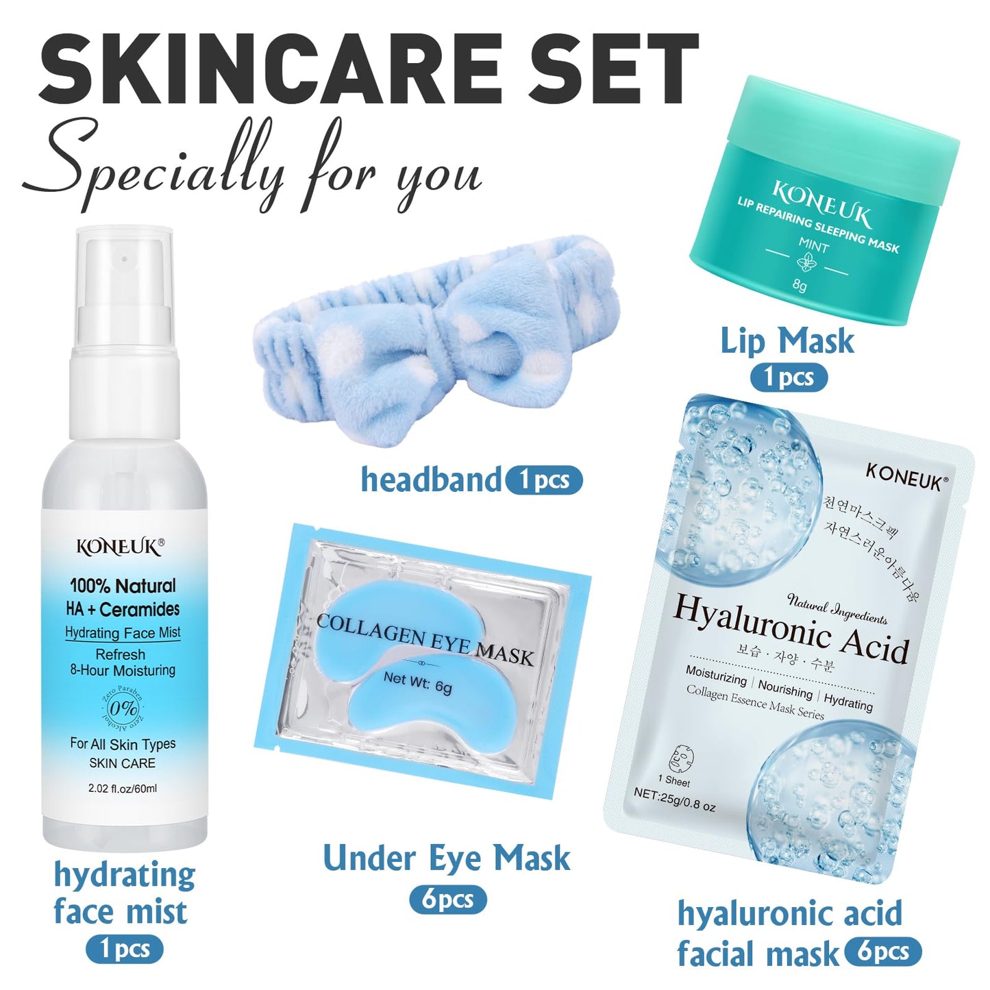 KONEUK 15-Pack Skincare Set – Masks, Eye Patches, Mist & Lip Mask