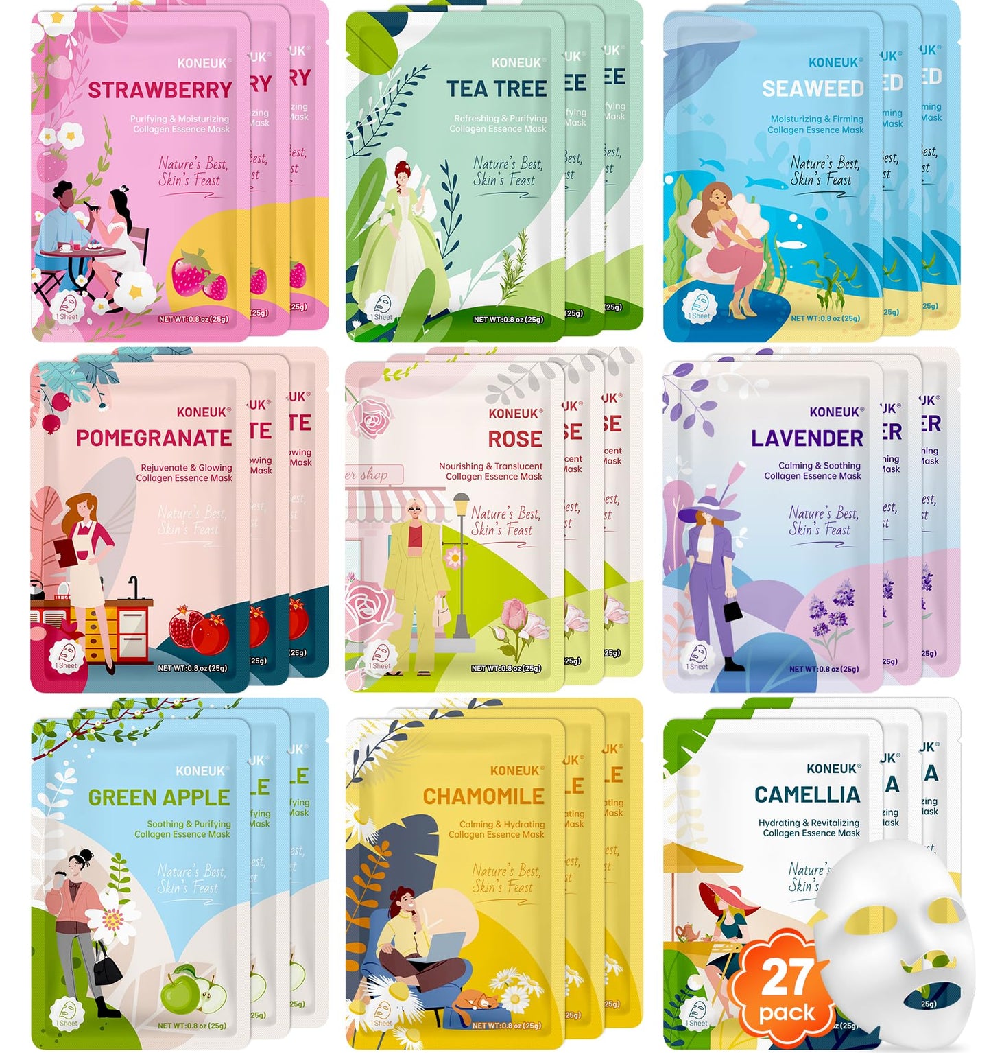 KONEUK 27-Pack Collagen Sheet Masks – Hydrating Skincare Set for Dry Skin