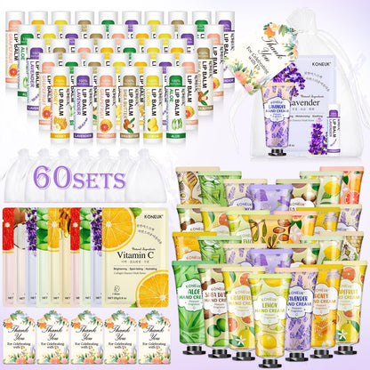 KONEUK 60-Pack Bulk Lip Balm, Facial Mask & Hand Cream Gift Sets
