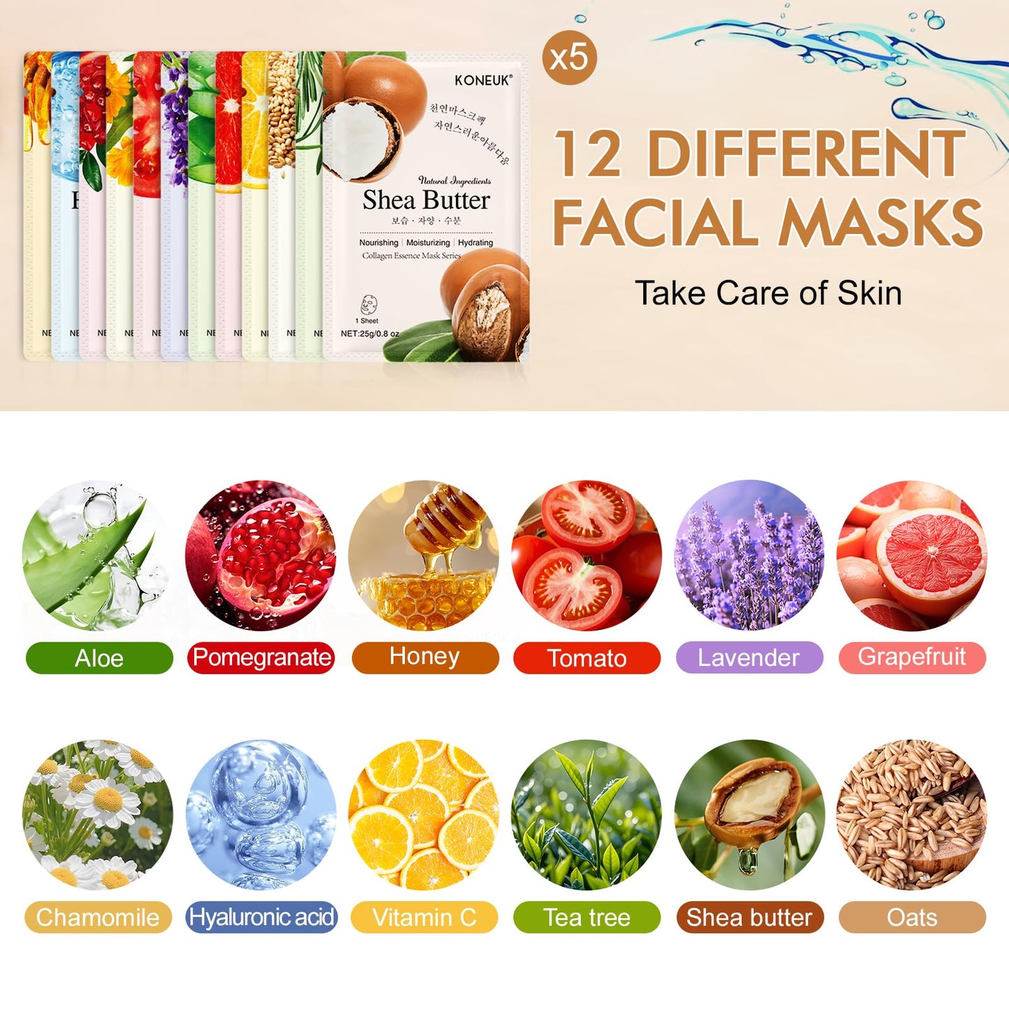 KONEUK 60 Pack Collagen Essence Face Masks – Hydrating Sheet Masks for All Skin Types