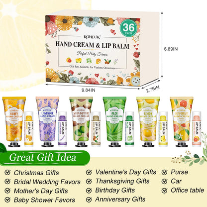 KONEUK 36-Pack Hand Cream & Lip Balm Bulk Sets – Valentine’s Day Gifts for Her