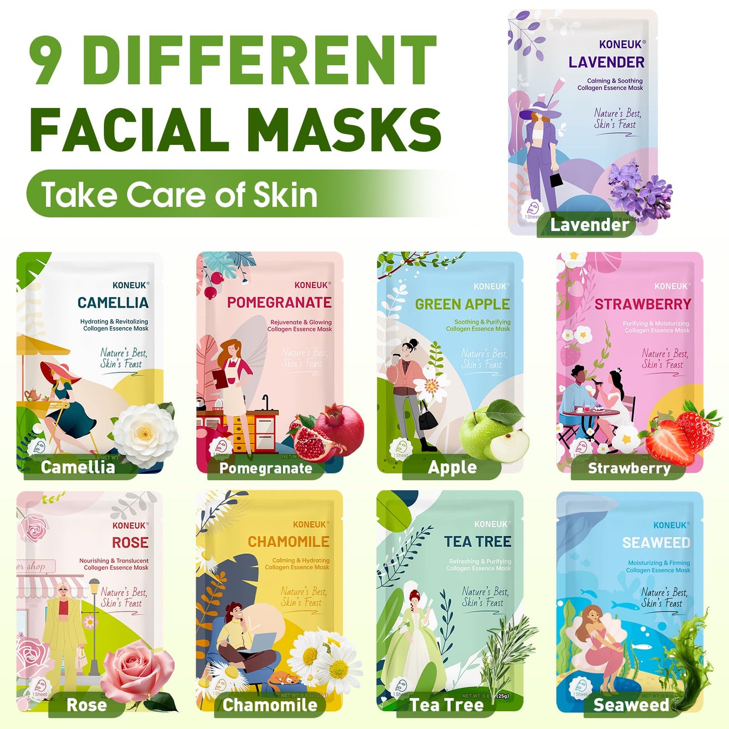 KONEUK 27-Pack Collagen Sheet Masks – Hydrating Skincare Set for Dry Skin