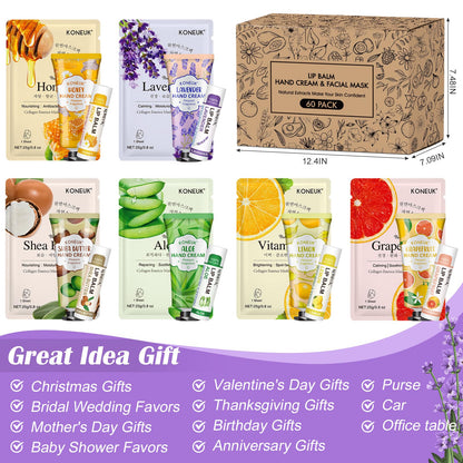 KONEUK 60-Pack Bulk Lip Balm, Facial Mask & Hand Cream Gift Sets