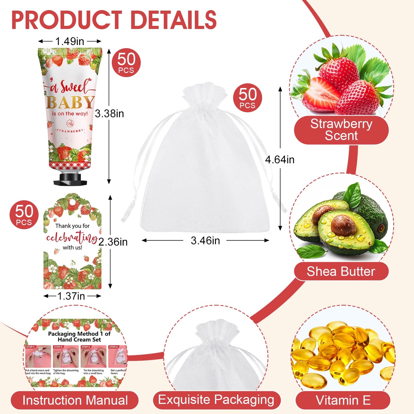 KONEUK 50-Pack Hand Cream Gift Sets – Baby Shower & Bridal Shower Favors (Strawberry)