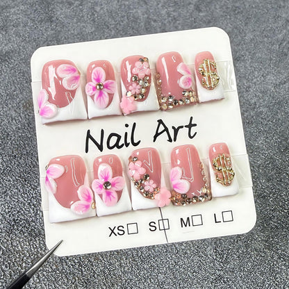 Koopnati Handmade 3D Nail Art Press On Nails – French Tip with 3D Flowers