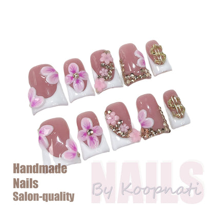 Koopnati Handmade 3D Nail Art Press On Nails – French Tip with 3D Flowers