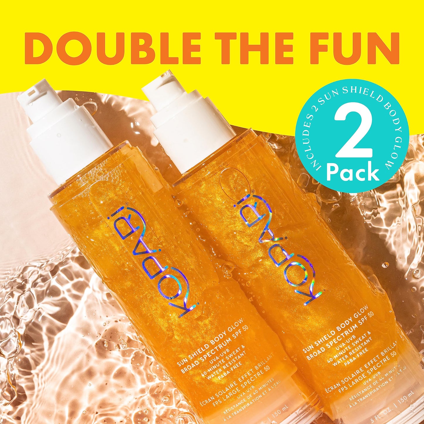 Kopari Sun Shield Body Glow SPF 50 – 2 Pack, Lightweight Gel with Gold Shimmer