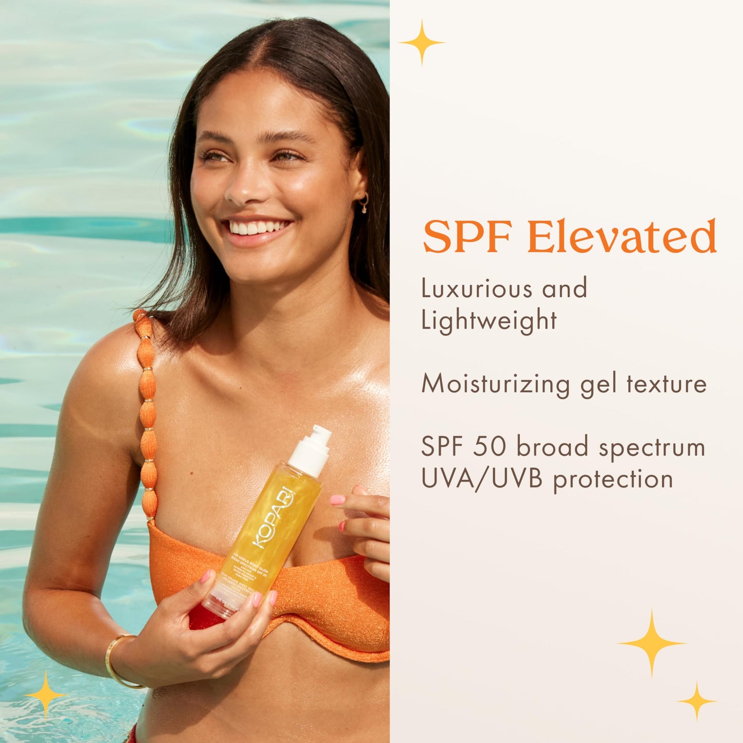Kopari Sun Shield Body Glow SPF 50 – 2 Pack, Lightweight Gel with Gold Shimmer