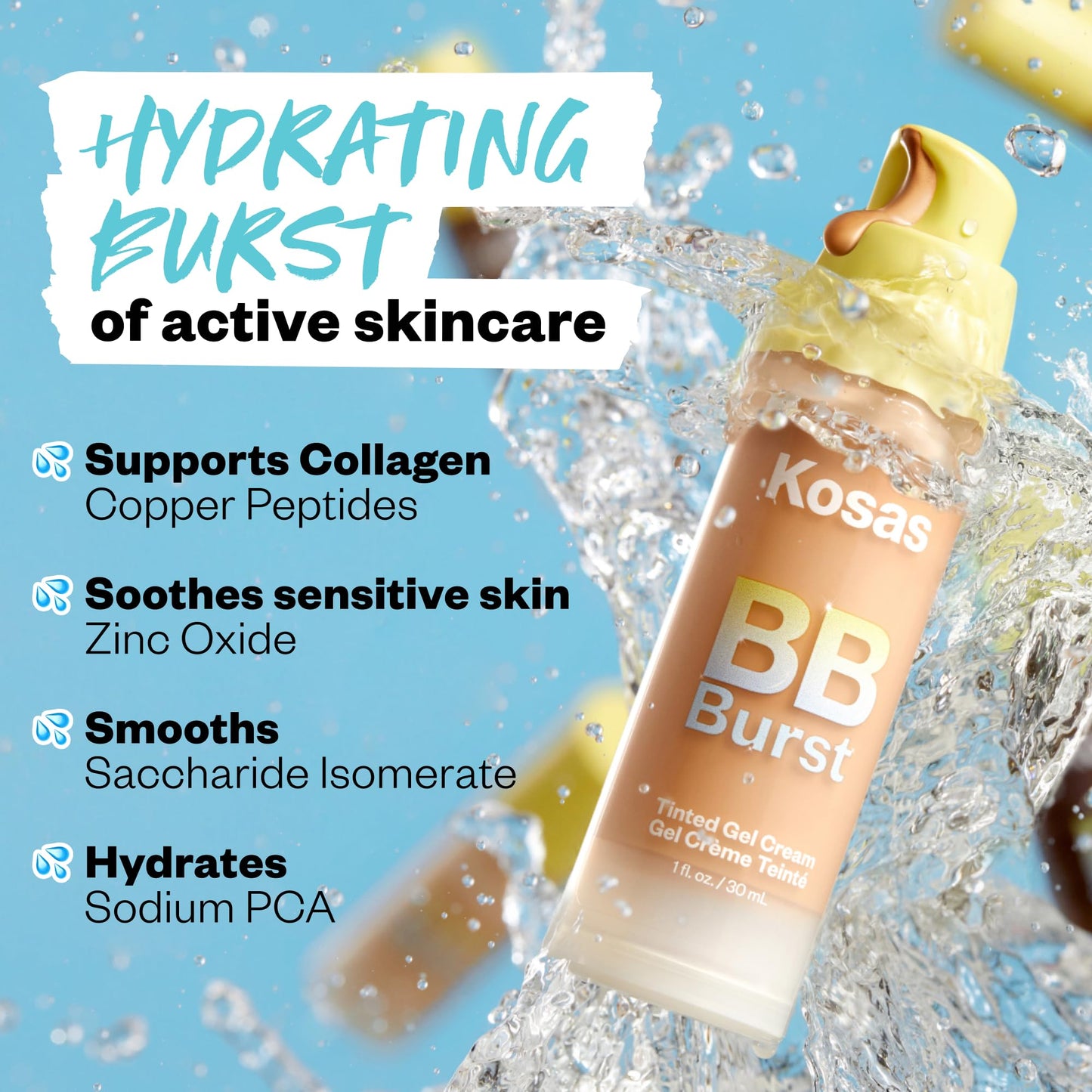 Kosas BB Burst Tinted Face Gel Cream – Buildable Coverage, Hydration & Skin Support – Medium Tan Warm 25 (1 oz/30 ml)