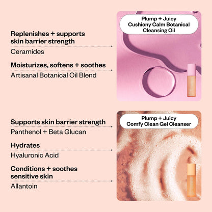 Kosas Mini Plump + Juicy Double Cleansing System — Botanical Oil + Gel Cleanser Set (Soap & Sulfate Free) for All Skin Types