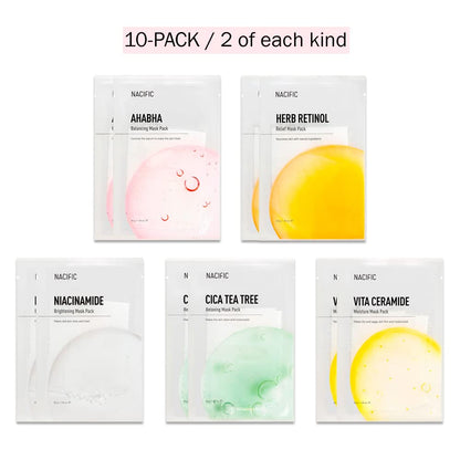 KOSBEAUTY NACIFIC Face Masks – Premium 10-Sheet Variety Pack for All Skin Types | Hyaluronic Acid, Ceramide & Vitamins