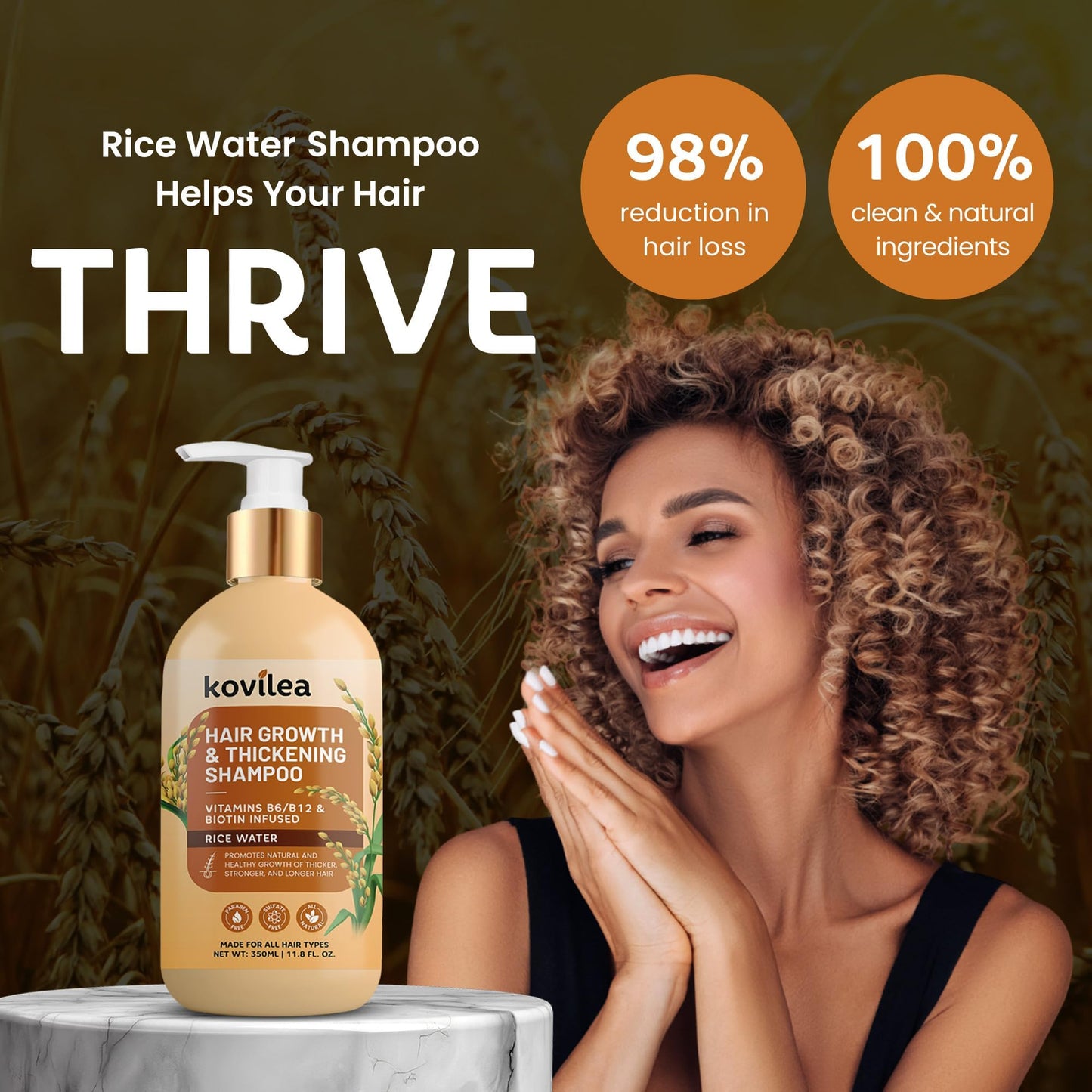Kovilea Rice Water Hair Growth Shampoo | Thickening & Regrowth Formula 11.8 oz