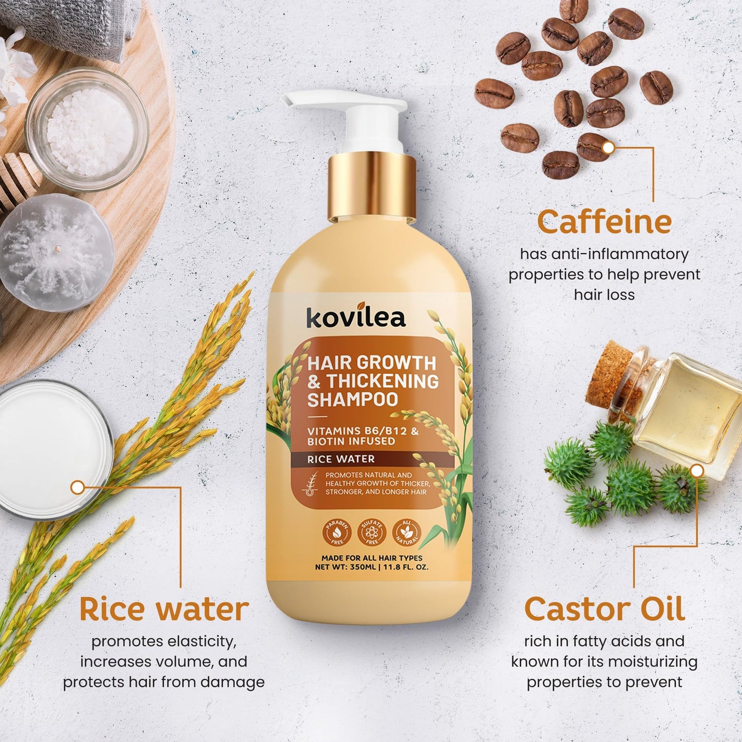 Kovilea Rice Water Hair Growth Shampoo | Thickening & Regrowth Formula 11.8 oz