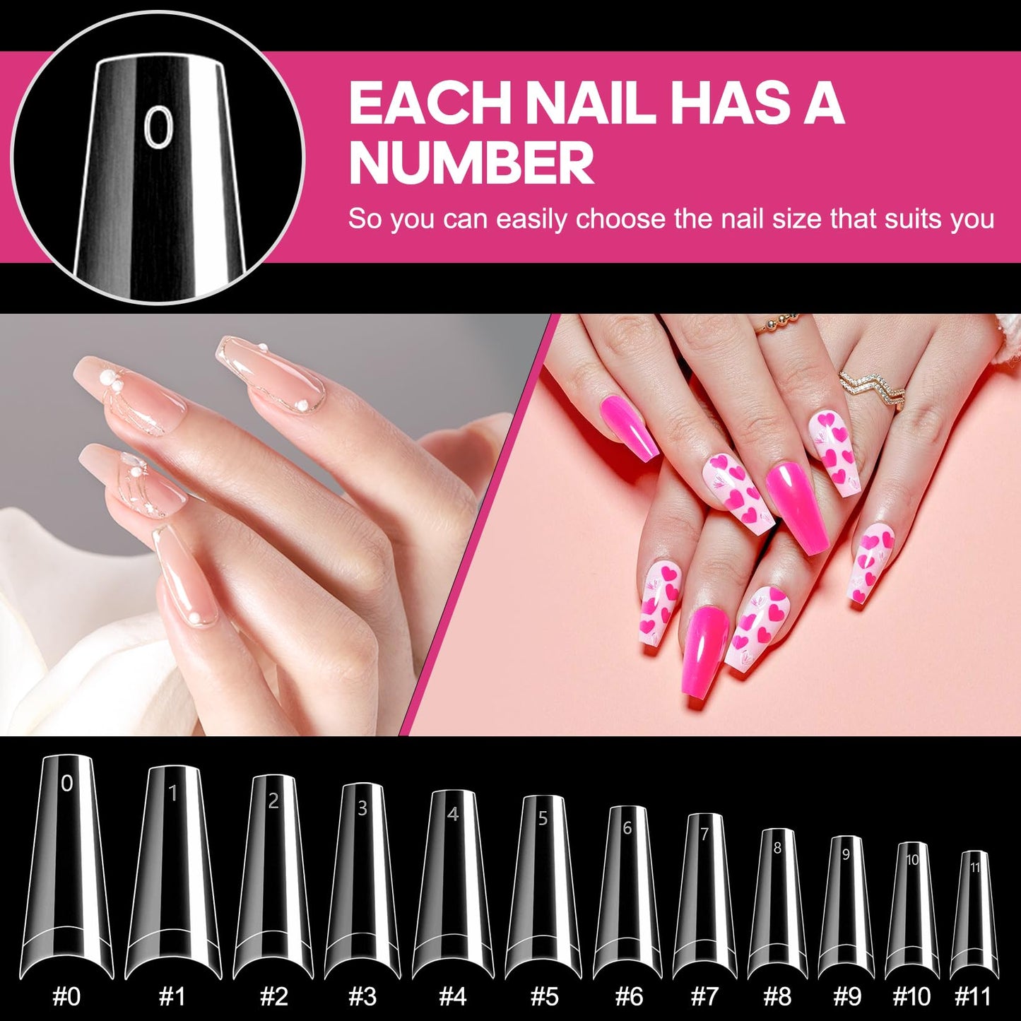 Krofaue 1200Pcs Coffin Nail Tips – Half-Cover, 12 Sizes, Clear & Natural for Acrylic Nails | Salon & Home Mani