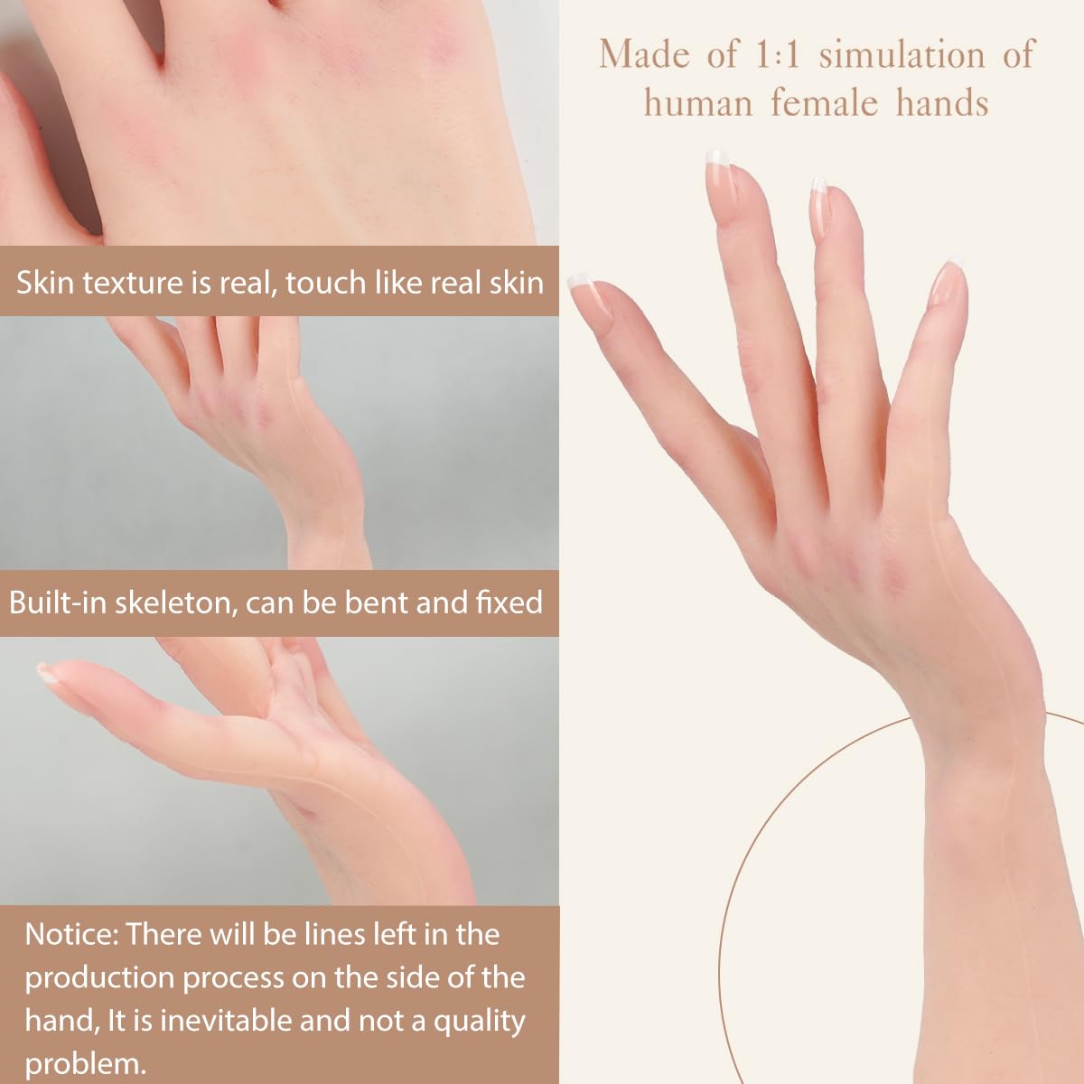 KUMIHO Realistic Silicone Female Hand Model with Skeleton – Right Hand, Nude