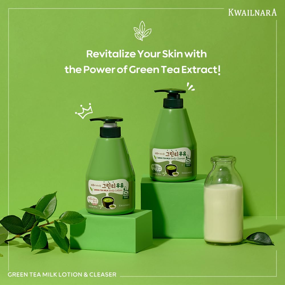 Kwailnara Green Tea Milk Body Wash & Lotion Set – 19.75 oz Each | Korean Skincare Duo with Milk Protein, Royal Jelly & Green Tea Extract | Paraben-Free