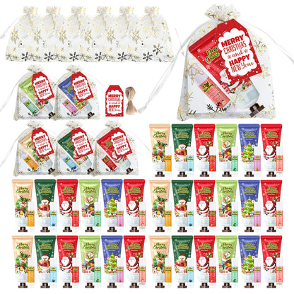 KWOLYKIM 30-Set Christmas Hand Cream & Lip Balm Gift Set — Bulk Party Favors with Snowflake Organza Bags