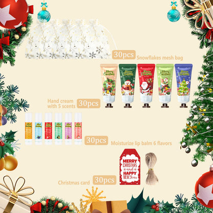 KWOLYKIM 30-Set Christmas Hand Cream & Lip Balm Gift Set — Bulk Party Favors with Snowflake Organza Bags