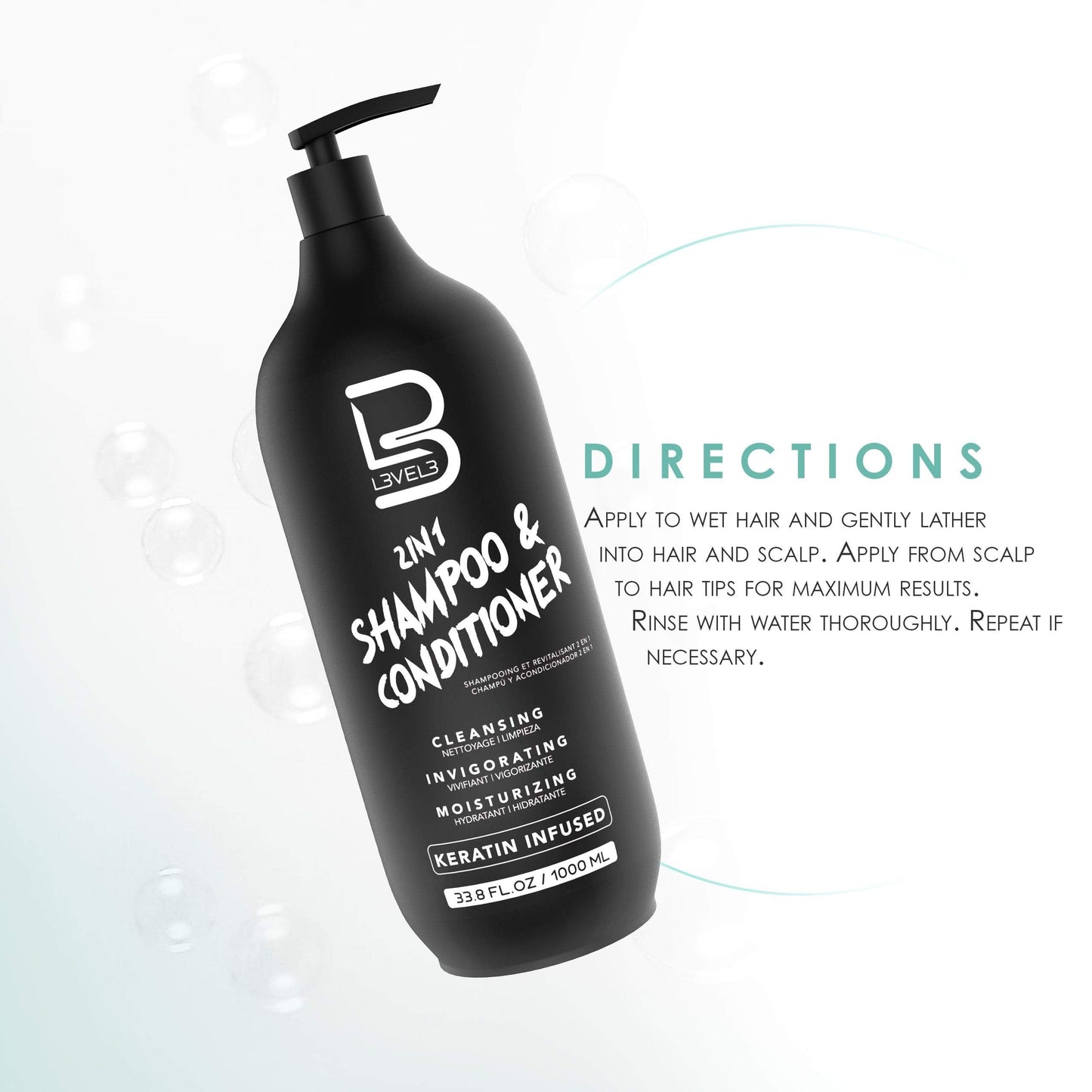 L3 Two in One Shampoo and Conditioner – Smooths and Strengthens Hair, Improves Shine, Tames Frizz – 33.8 Fl Oz