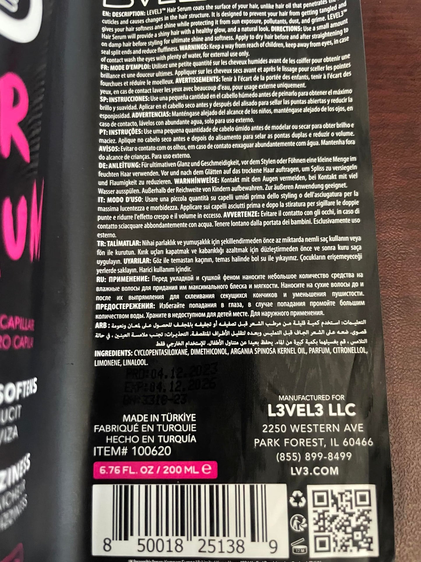 L3 Level 3 Hair Serum — Softens, Smooths & Frizz Reduction for Damaged Hair