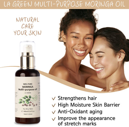 LA GREEN USDA Organic Moringa Oil – Pure Cold-Pressed, Multi-Purpose Oil for Face, Body, Hair 3.4 fl oz