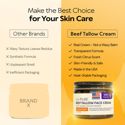 LA PURE Beef Tallow Face Cream – Hydrating, Non-Greasy Moisturizer with Aloe Vera, Hyaluronic Acid, Frankincense & Vitamin E