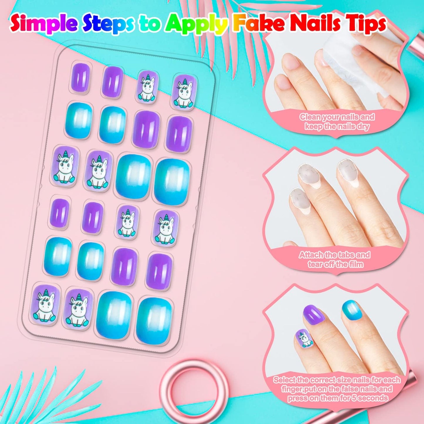 Labeol 144-Piece Kids Fake Nails Kit – Short Press-On Nails for Children