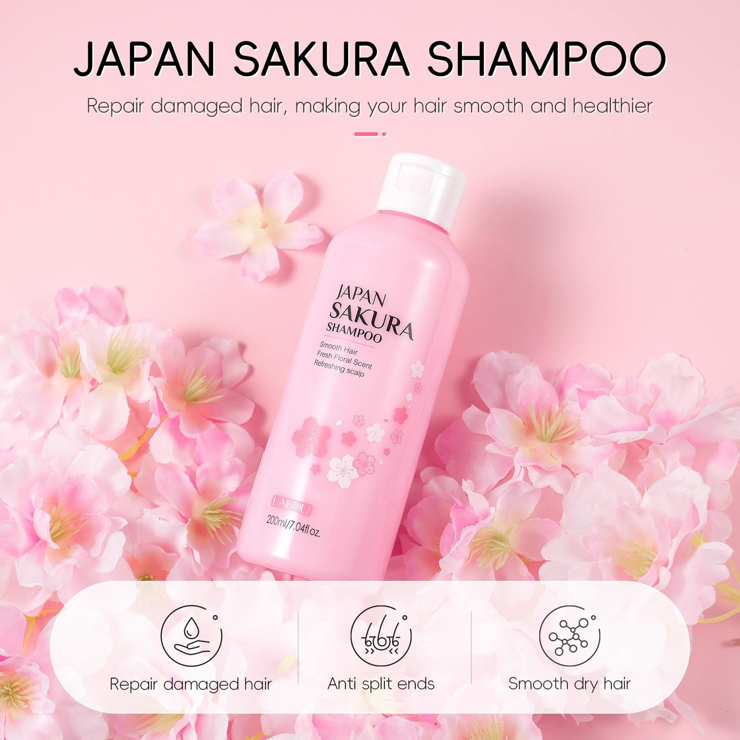 LAIKOU Sakura 3‑in‑1 Shampoo, Conditioner & Body Wash Set for Women – 3x200ml + 3x50ml Travel Size