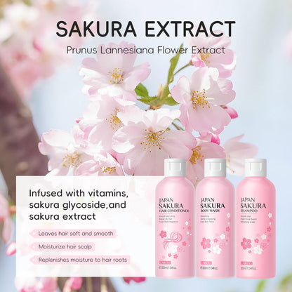 LAIKOU Sakura 3‑in‑1 Shampoo, Conditioner & Body Wash Set for Women – 3x200ml + 3x50ml Travel Size
