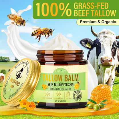 LAITYUM Beef Tallow for Skin – 4oz Organic Tallow & Honey Balm for Face & Body