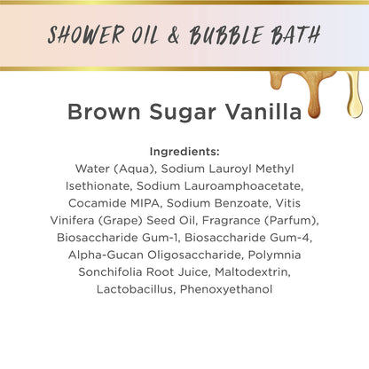 LaLicious Brown Sugar Vanilla Shower Oil & Bubble Bath – Probiotics, Grapeseed Oil, Paraben-Free (10oz)
