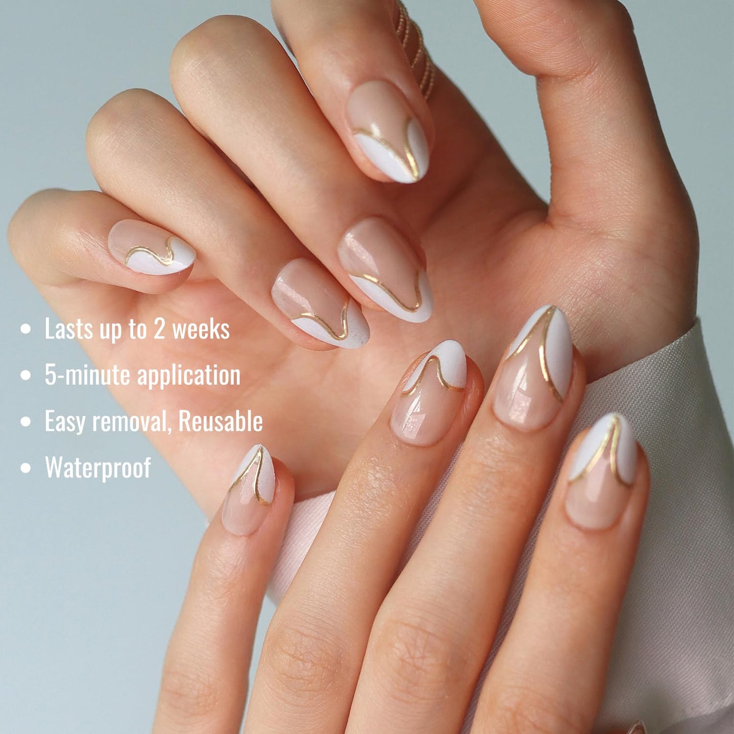 LAMIMOSA Swan Lake 32Pcs French Tip Press-On Nails Short Almond 16 Sizes