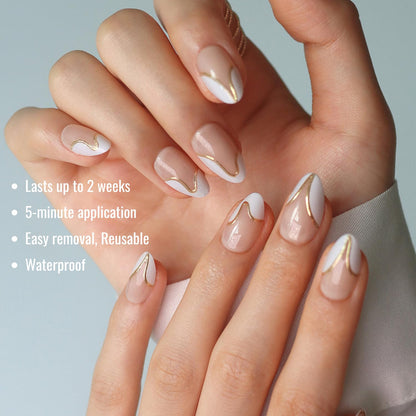 LAMIMOSA Swan Lake 32Pcs French Tip Press-On Nails Short Almond 16 Sizes
