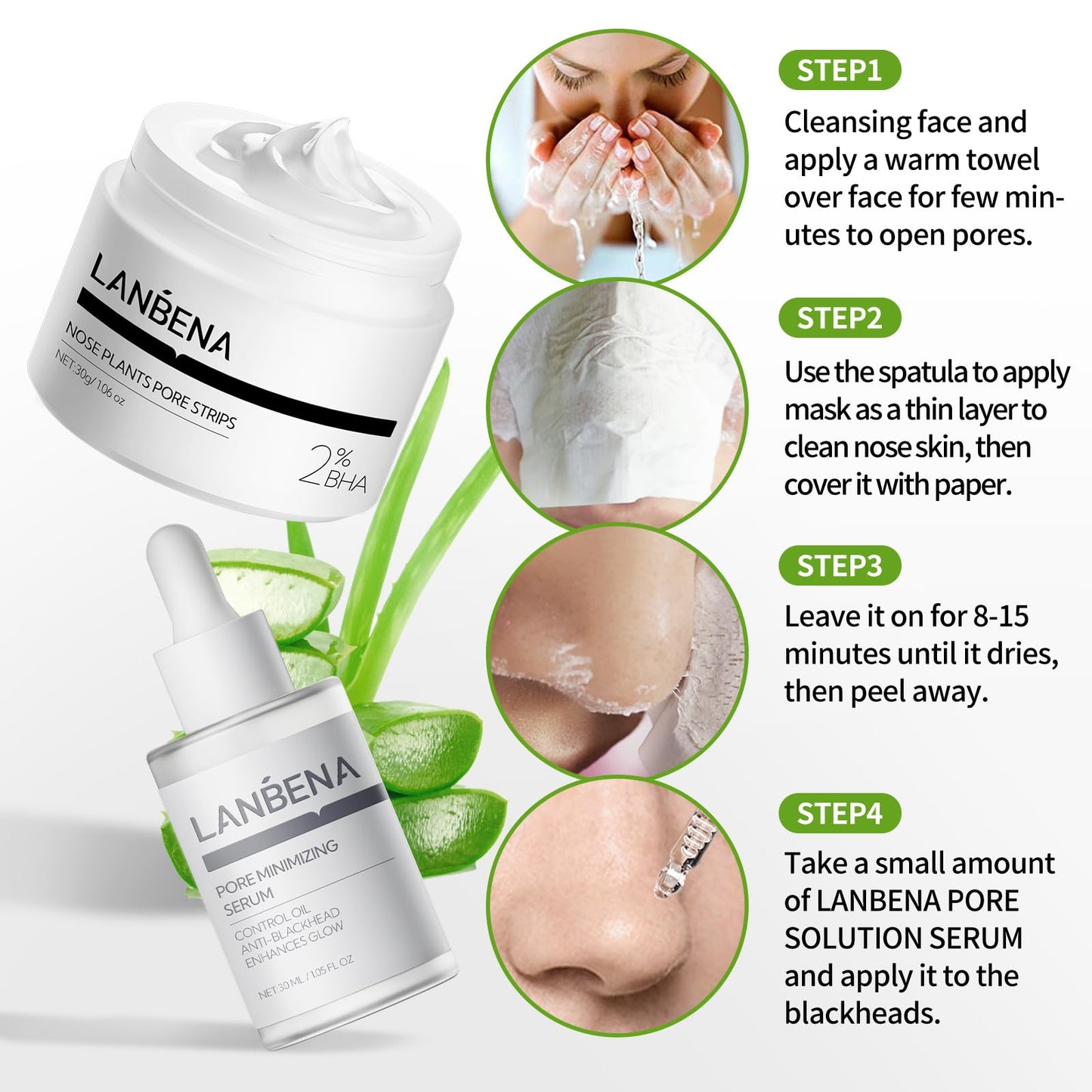 LANBENA 3-in-1 Blackhead Removing Set | Pore Strips, Serum & Papers