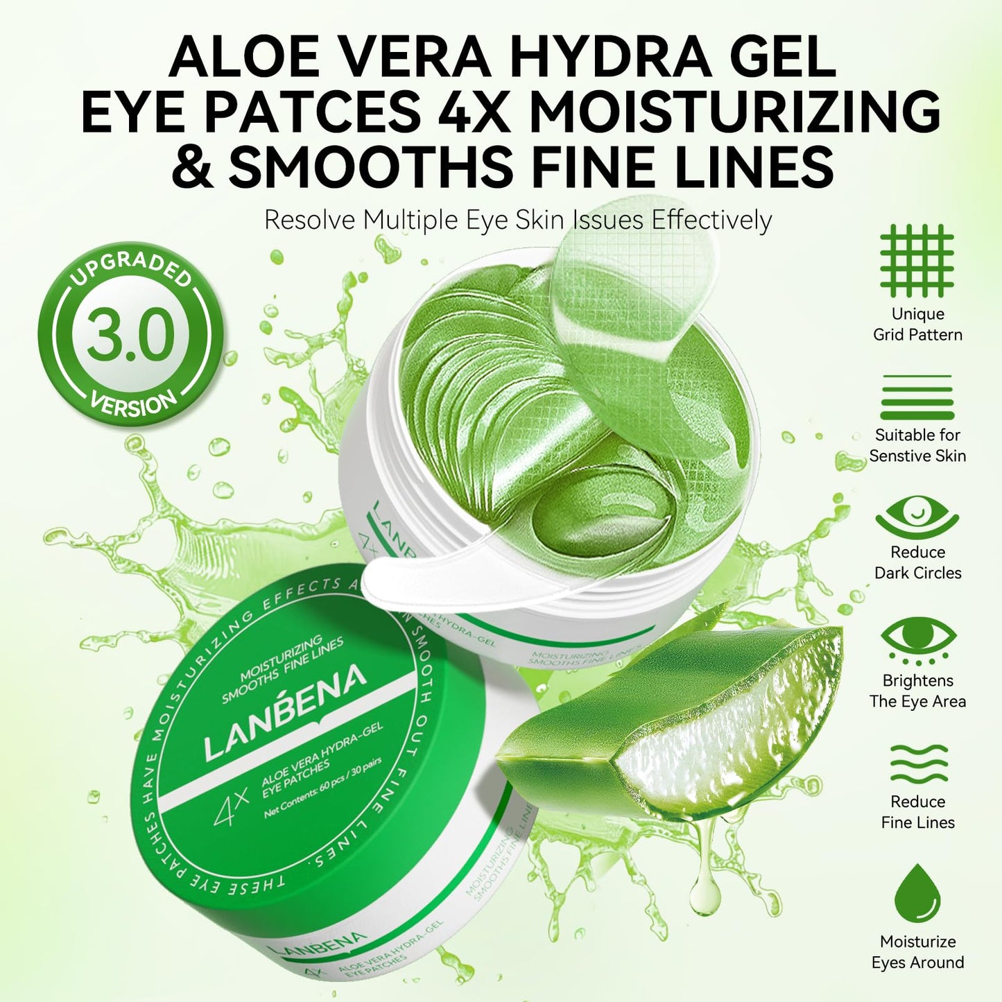LANBENA Aloe Vera Under Eye Patches – Hydration, Brightening & Puffiness Reduction (30 Pairs)
