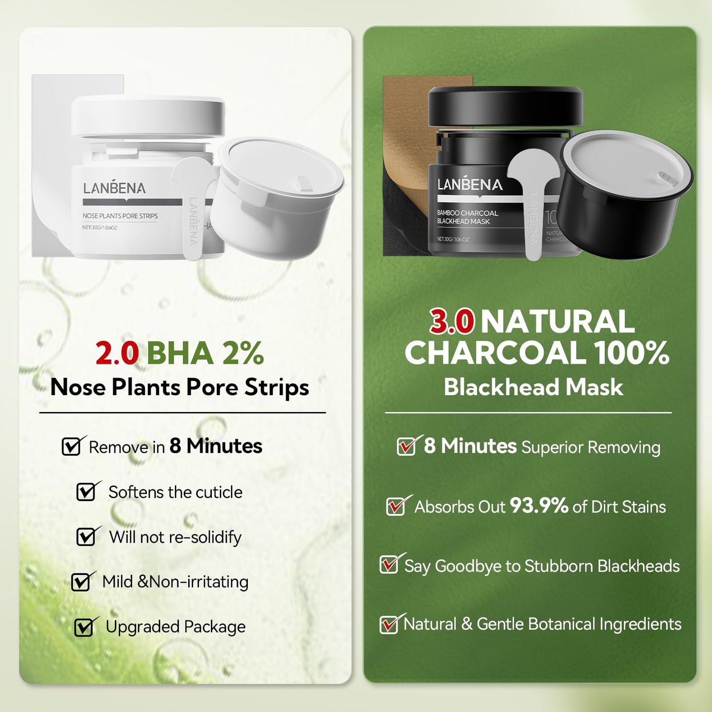 LANBENA 2-Pack Pore Strips: 2% Salicylic Acid Nose Strips + Bamboo Charcoal Mask