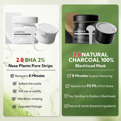 LANBENA 2-Pack Pore Strips: 2% Salicylic Acid Nose Strips + Bamboo Charcoal Mask