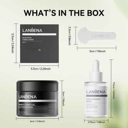 LANBENA 3-in-1 Blackhead Removal Set — Bamboo Charcoal Pore Strips, Pore Minimizing Serum & Removal Papers