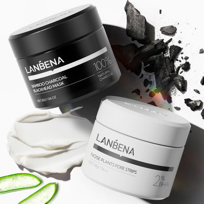 LANBENA 2-Pack Pore Strips 2.0 + Bamboo Charcoal Mask 3.0 – 2% BHA, White Clay, Oil Control