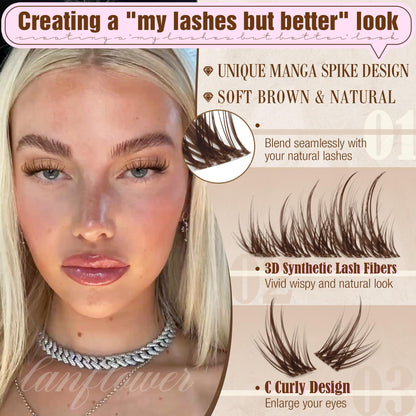 Lanflower Brown Lash Clusters Kit – Wispy CD-Curl Extensions with Bond, Seal & Remover