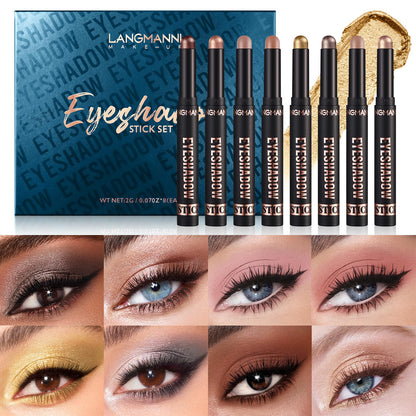 LANGMANNI 8-Piece Soft Smooth Cream Eyeshadow Stick Gift Set - Matte Earth & Bright Metal, Waterproof & Long-Lasting