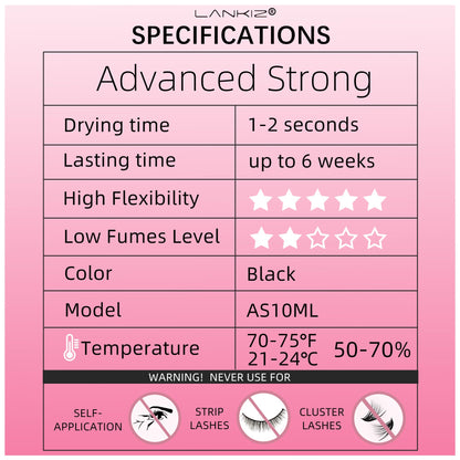 LANKIZ Strong Lash Extension Glue — 1 Sec Fast Dry, 6-8 Weeks Retention, 10ml, Low Fume