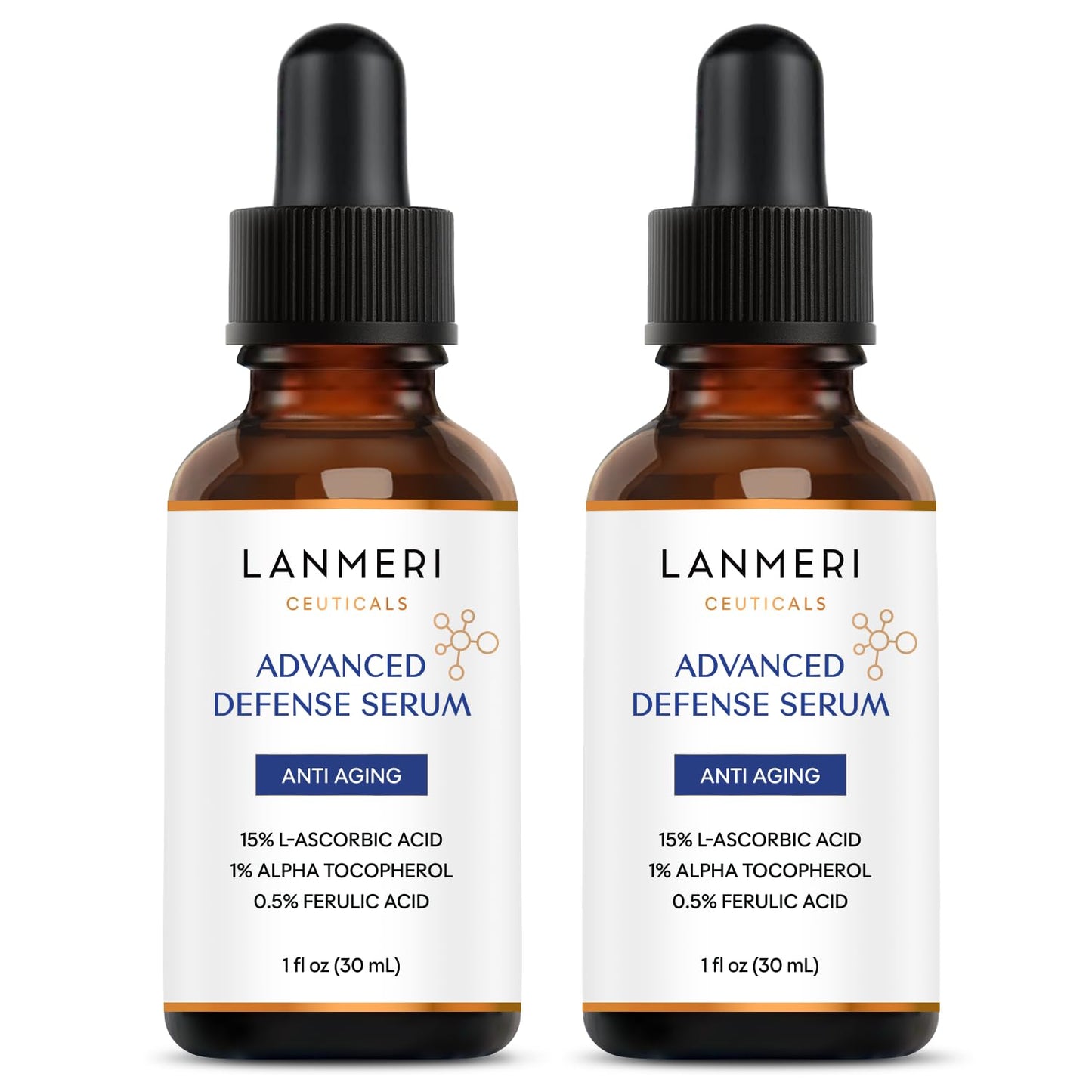 Lanmeri Ceuticals Vitamin C Serum 15% + E 1% + Ferulic 0.5% — Pack of 2 (1 oz each)