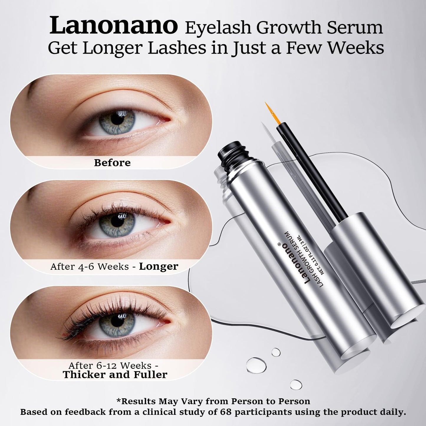 Lanonano Lash Serum – Fuller, Longer-Looking Lashes | Vegan & Cruelty-Free 0.1 Fl Oz (3ml)